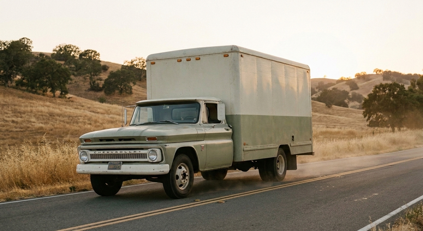 Vintage sage-green moving truck on a golden-hour California highway, rolling oak-dotted hills in the background
