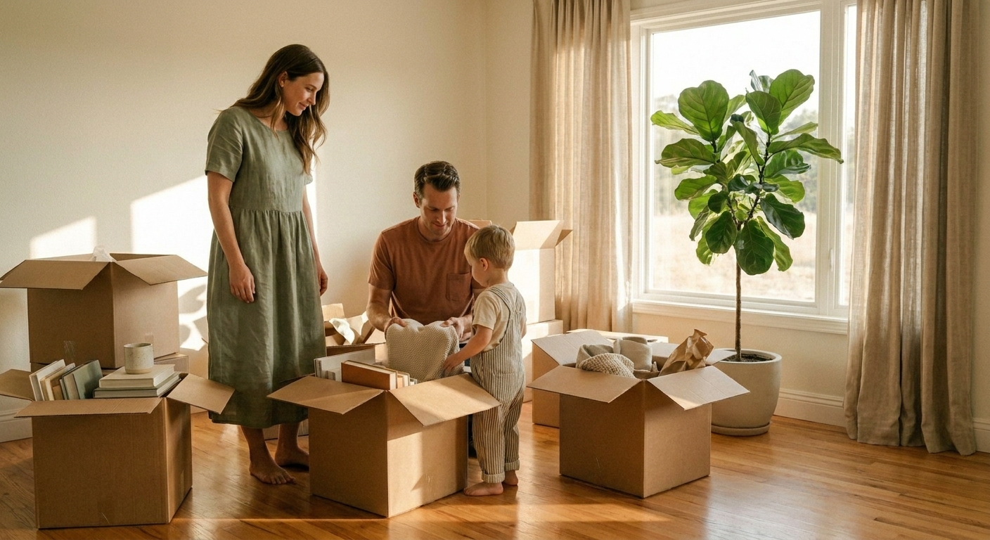 A family of three unpacking together in a warm, sunlit new home — wooden floors, a potted fiddle-leaf fig, and morning light streaming through linen curtains